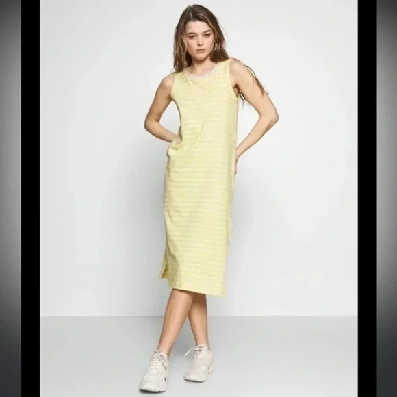 VANS Yellow Mini Checks Jersey Cotton Dress Midi Striped Lemon Tonic Size M NWT - Picture 1 of 7